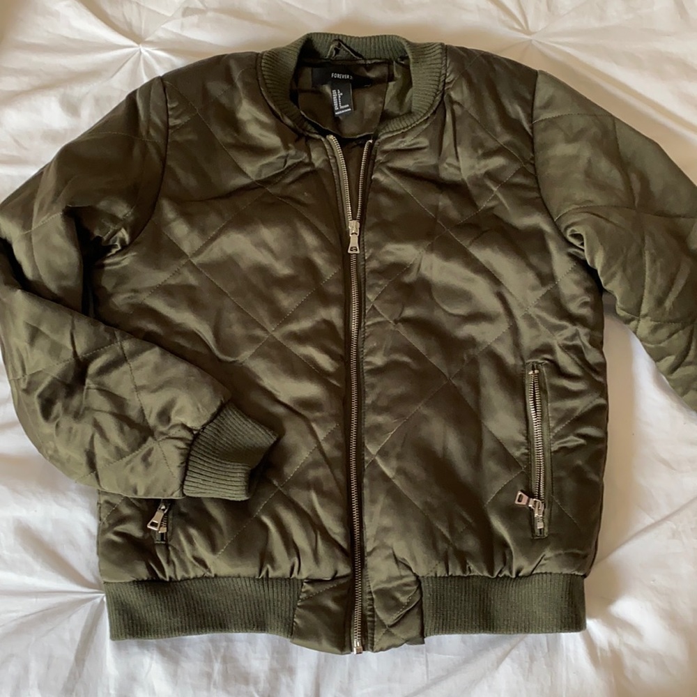 Forever 21 Olive Green Shiny Bomber Jacket